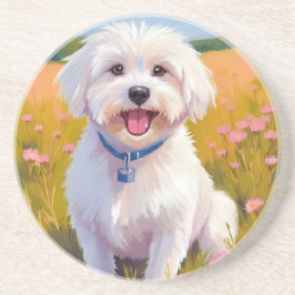 Maltese Dog Flower Field Painting Zandsteen Onderzetter