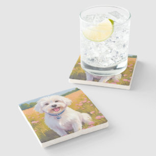 Maltese Hond Bloemenveld Schilderij Stenen Onderzetter
