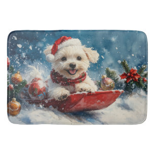 Maltese hond in slee laat het sneeuwen Kerstmis Badmat