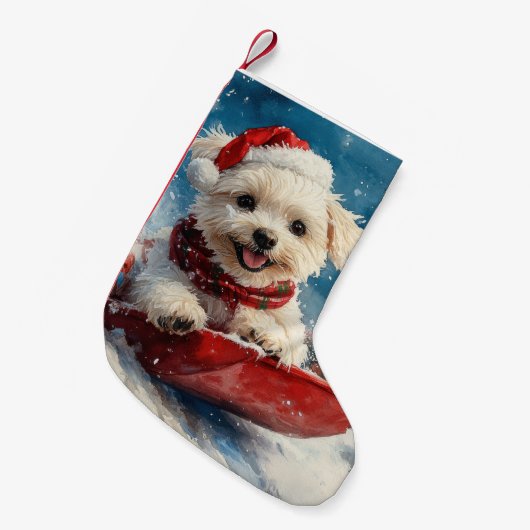Maltese hond in slee laat het sneeuwen Kerstmis Kleine Kerstsok (Voorkant (Hangend))