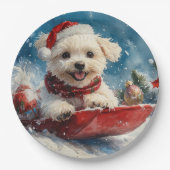 Maltese hond in slee laat het sneeuwen Kerstmis Papieren Bordje (Voorkant)