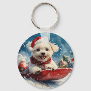 Maltese hond in slee laat het sneeuwen Kerstmis Sleutelhanger