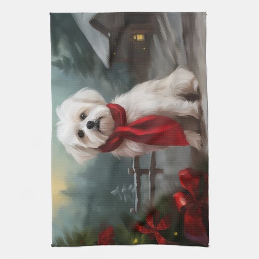 Maltese Hond in Sneeuw Kerstmis Theedoek (Verticaal)
