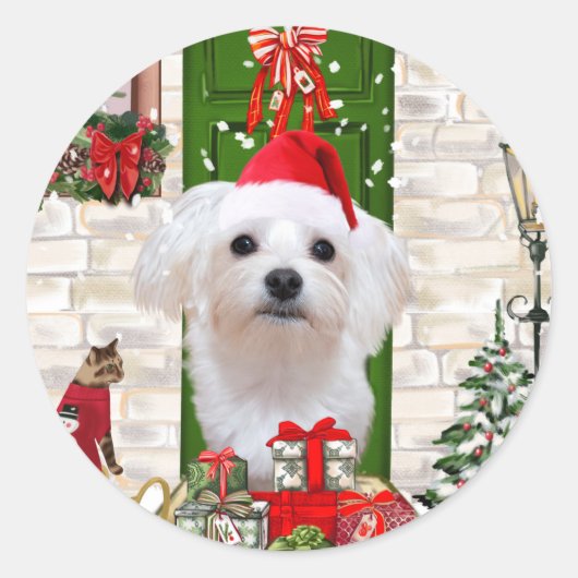 Maltese hond Kerstmis Ronde Sticker (Voorkant)