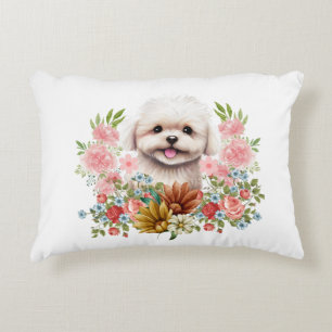 Maltese hond met bloemen, klauwhout accent kussen