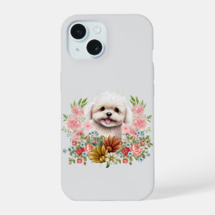 Maltese hond met bloemen, klauwhout iPhone 15 hoesje