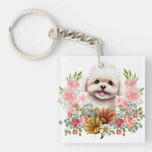 Maltese hond met bloemen, klauwhout sleutelhanger