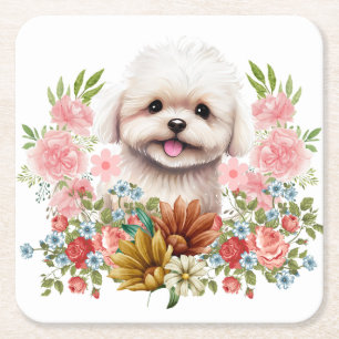 Maltese hond met bloemen, klauwhout vierkante kartonnen onderzetter