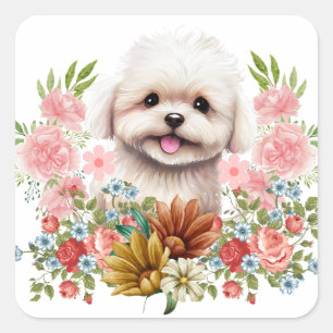Maltese hond met bloemen, klauwhout vierkante sticker