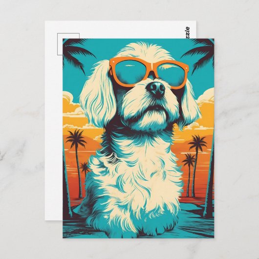 Maltese hond met zonnebril op het strand briefkaart (Voorkant / Achterkant)