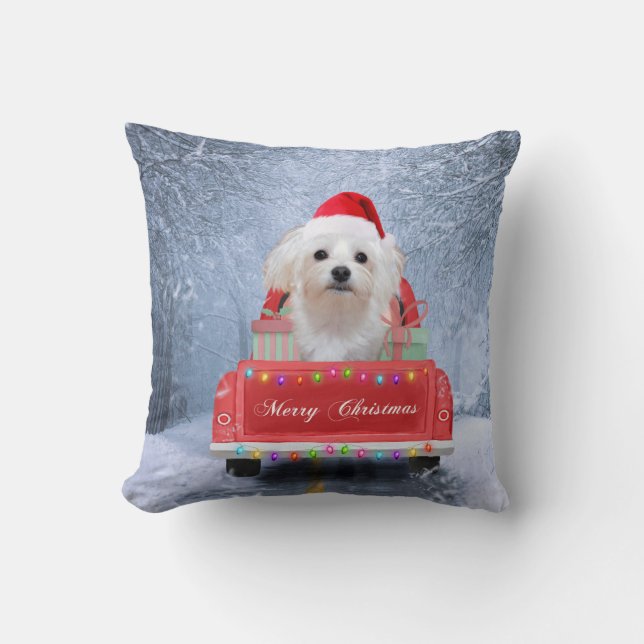 Maltese hond op sneeuw in kerstmis kussen (Voorkant)