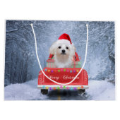 Maltese hond op sneeuw in kerstwagen groot cadeauzakje (Achterkant)