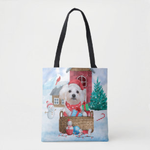 Maltese hond op sneeuwkerstmis draagtas