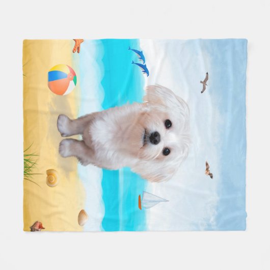 Maltese hond op strand fleece deken (Voorkant (Horizontaal))
