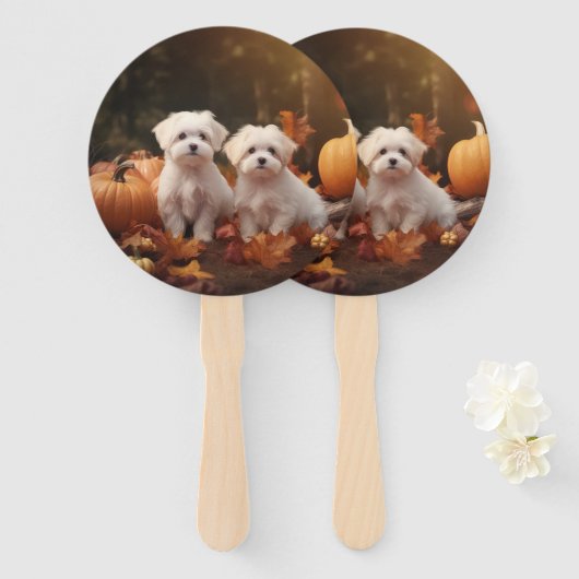 Maltese puppy herfst verrukking pompoen handwaaier (Voorkant en achterkant)