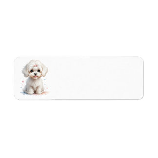 Maltese puppy met roze boog etiket