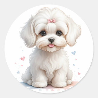 Maltese puppy met roze boog ronde sticker