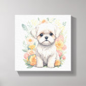 Maltese puppy met Summer Flowers Wall Art Canvas Afdruk (Voorkant)