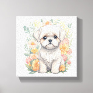 Maltese puppy met Summer Flowers Wall Art Canvas Afdruk