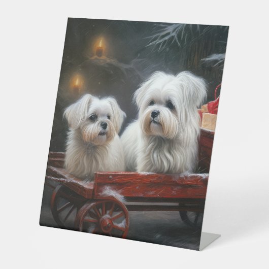 Maltese Sneeuwslee Kerst Decor Reclamebord Met Voetstuk (Voorkant)