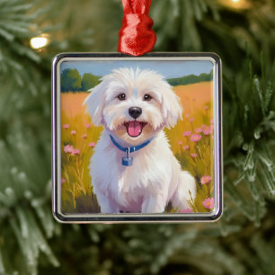 Maltezer Hond Bloem Veld Huisdier Schilderij Metalen Ornament