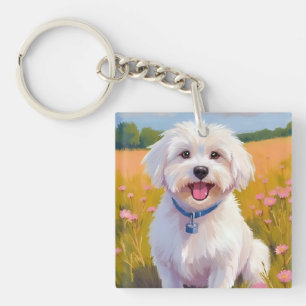 Maltezer Hond   Bloem Veld Huisdier Schilderij Sleutelhanger