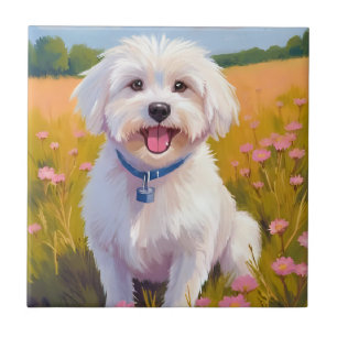Maltezer Hond Bloem Veld Schilderij Tegeltje