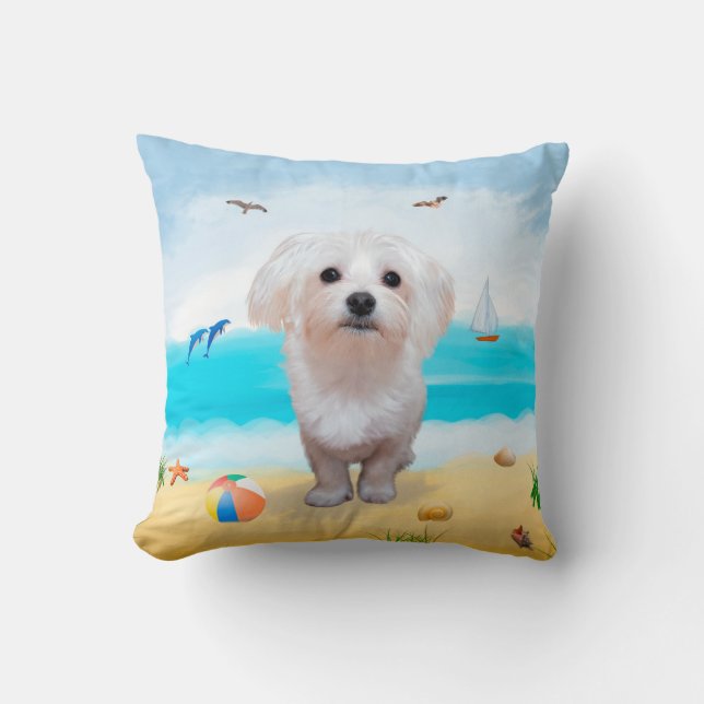 Maltezer hond op het strand kussen (Voorkant)