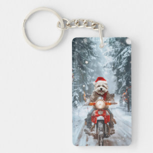 Maltezer Hond Rijdt op Motorfiets Kerstmis Sleutelhanger