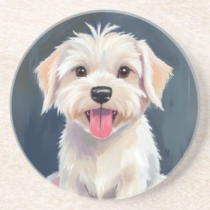 Maltezer Pup Schilderij van witte hond Zandsteen Onderzetter