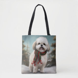 Malti Tzu-hond in de sneeuw met Kerstmis Draagtas