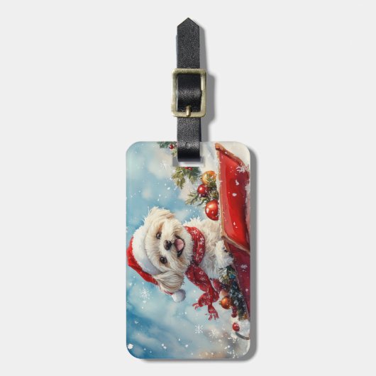 Malti Tzu Hond in Sledge Laat het Sneeuw Kerstmis Bagagelabel (Voorkant verticaal)