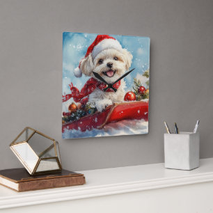 Malti Tzu  Hond in slee Let it Snow Kerstmis Vierkante Klok