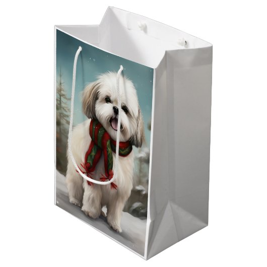 Malti Tzu Hond in Sneeuw Kerstmis Medium Cadeauzakje (Voorkant Gekanteld)