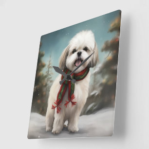 Malti Tzu-hond in sneeuw Kerstmis Vierkante Klok