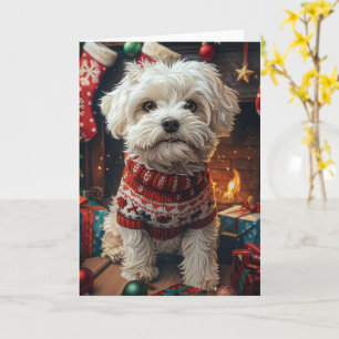 Malti Tzu-hond met kerstcadeaus bij de open haard Kaart