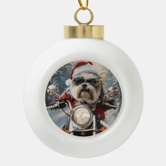 Malti Tzu Hond Rijden Motorfiets Kerstmis Keramische Bal Ornament (Voorkant)