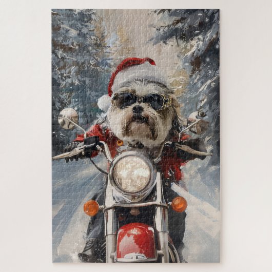 Malti Tzu Hond Rijden Motorfiets Kerstmis Legpuzzel (Verticaal)