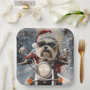 Malti Tzu Hond Rijden Motorfiets Kerstmis Papieren Bordje