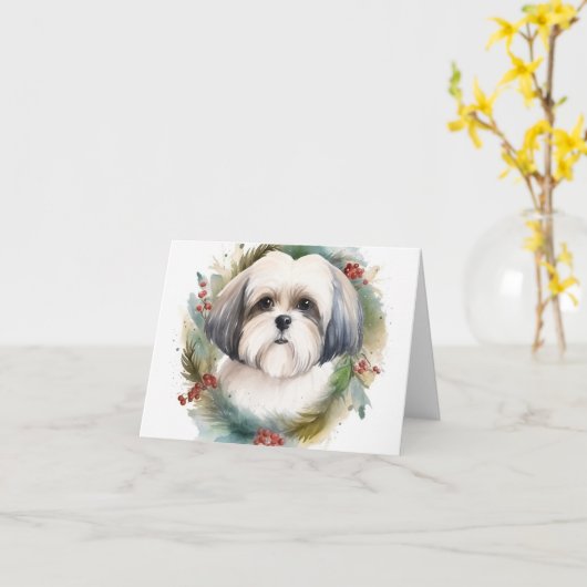 Malti Tzu Kerstkrans feestelijke pup Kaart (Gele Bloem)