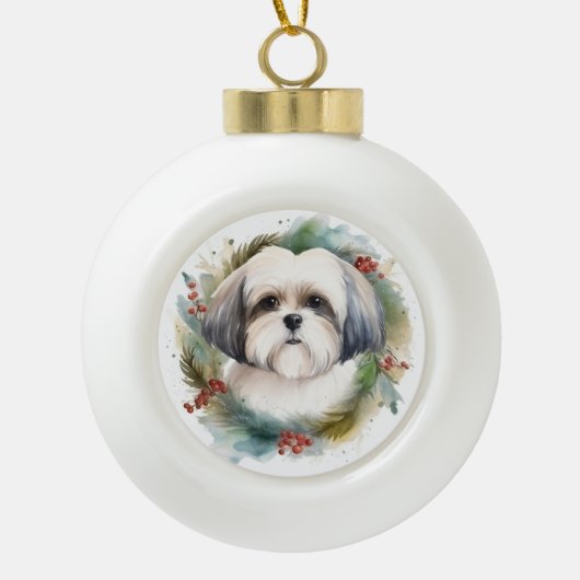 Malti Tzu Kerstkrans feestelijke pup Keramische Bal Ornament (Voorkant)