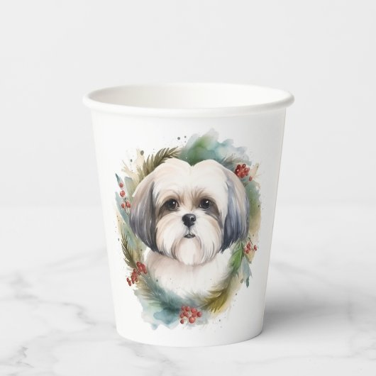 Malti Tzu Kerstkrans feestelijke pup Papieren Bekers (Achterkant)