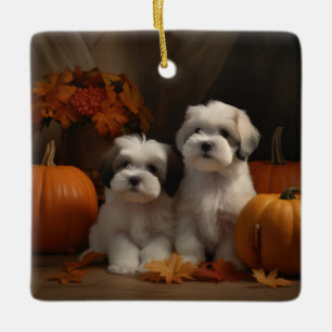 Malti tzu Puppy Herfst Plezier Pompoen Keramisch Ornament
