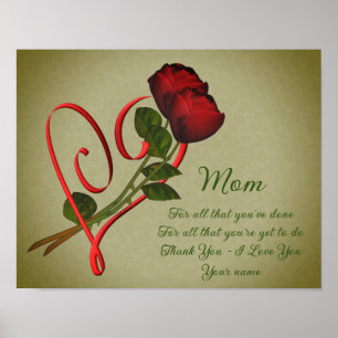 Mam dank je liefde rode rozen hart gepersonaliseer poster