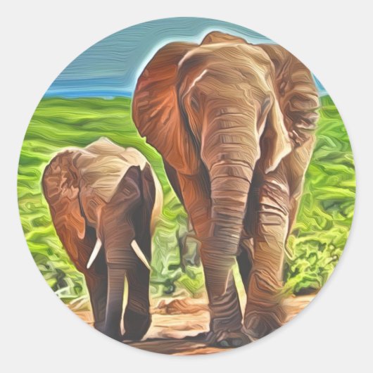 Mam en Baby Elephant Ronde Sticker (Voorkant)