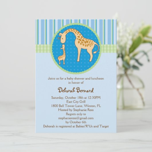 Mam en Baby Giraffe Baby Boy Shower Invitation Kaart (Staand voorkant)