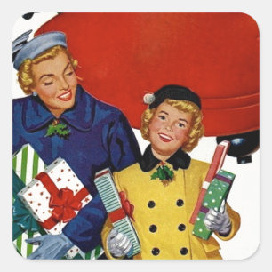 Mam- en Daughter-kerstwinkels uit de jaren '50 Vierkante Sticker