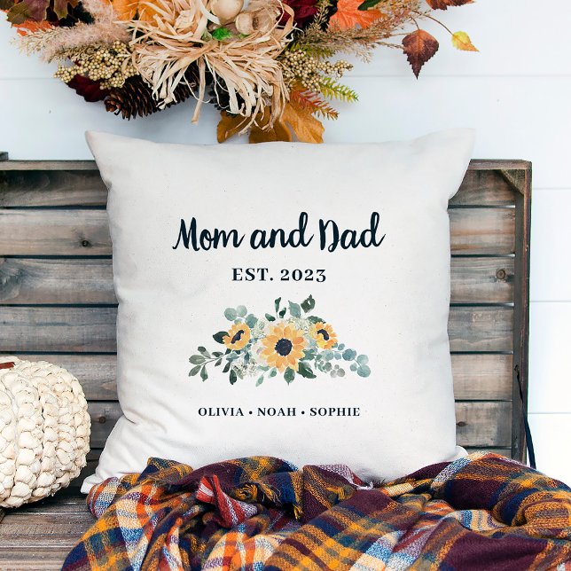 Mam en pap | Rustieke zonnebloem en namen Kussen (A pretty, rustic pillow keepsake for your mom and dad)