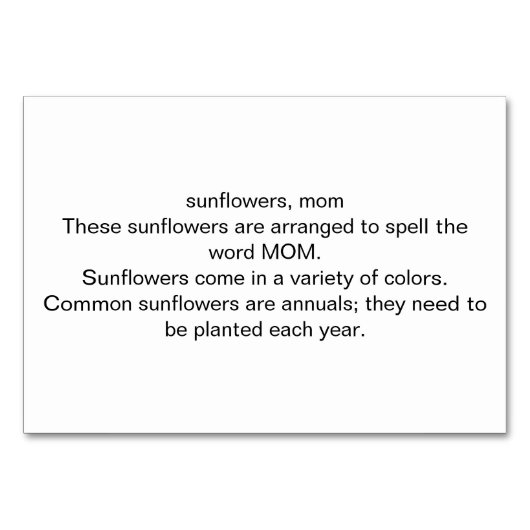 MAM gespeld met zonnebloemen, lezen flashcards Kaart (Achterkant)