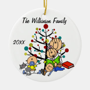 Mam met meisje, 2 babyjongens, kat-feestdag Orname Keramisch Ornament